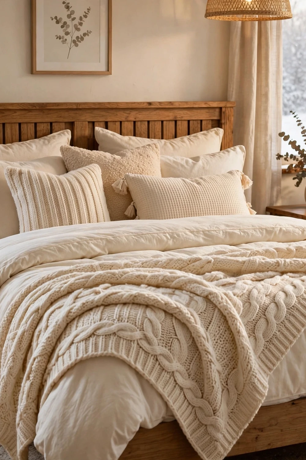 Cozy winter bedroom with layered bedding and chunky knit throw