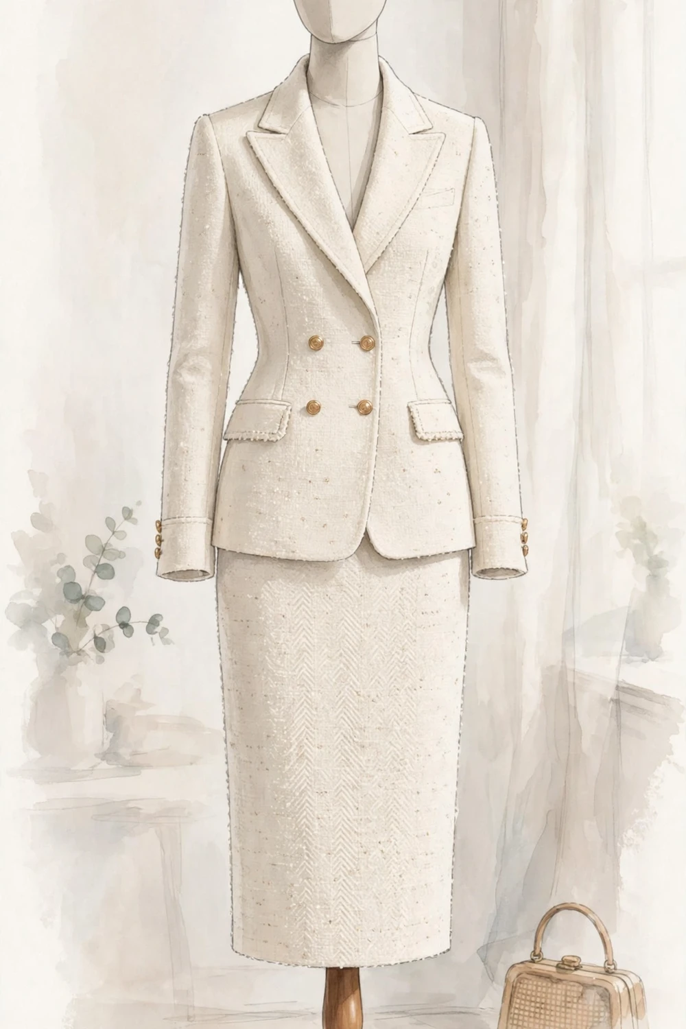 Ivory tweed skirt suit on a faceless mannequin, Parisian chic style