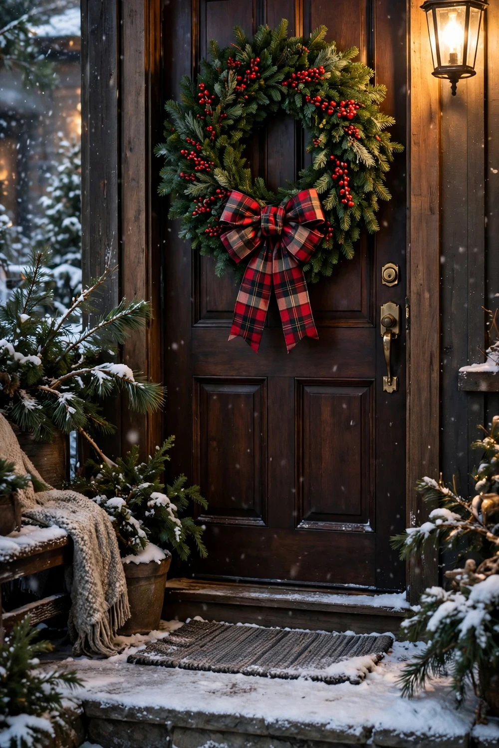 Classic evergreen winter wreath with red berries on a front door