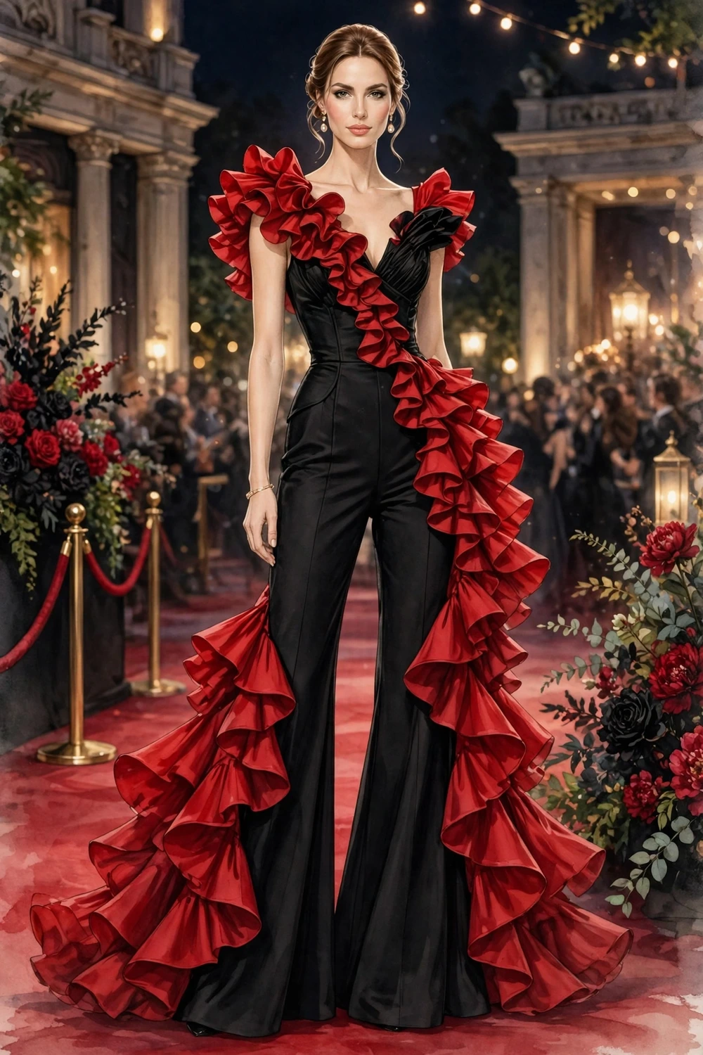 Charlize Theron Givenchy jumpsuit inspired black and red wide-leg gown-illusion evening jumpsuit