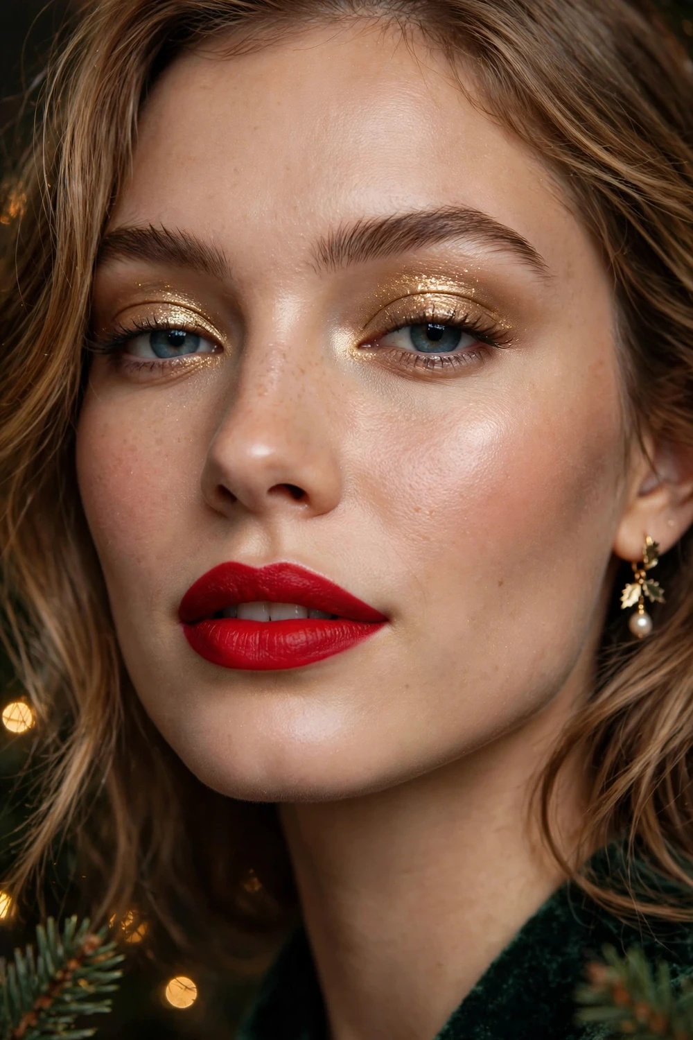 Classic red and gold Christmas makeup look with gold shimmer eyeshadow and red lipstick