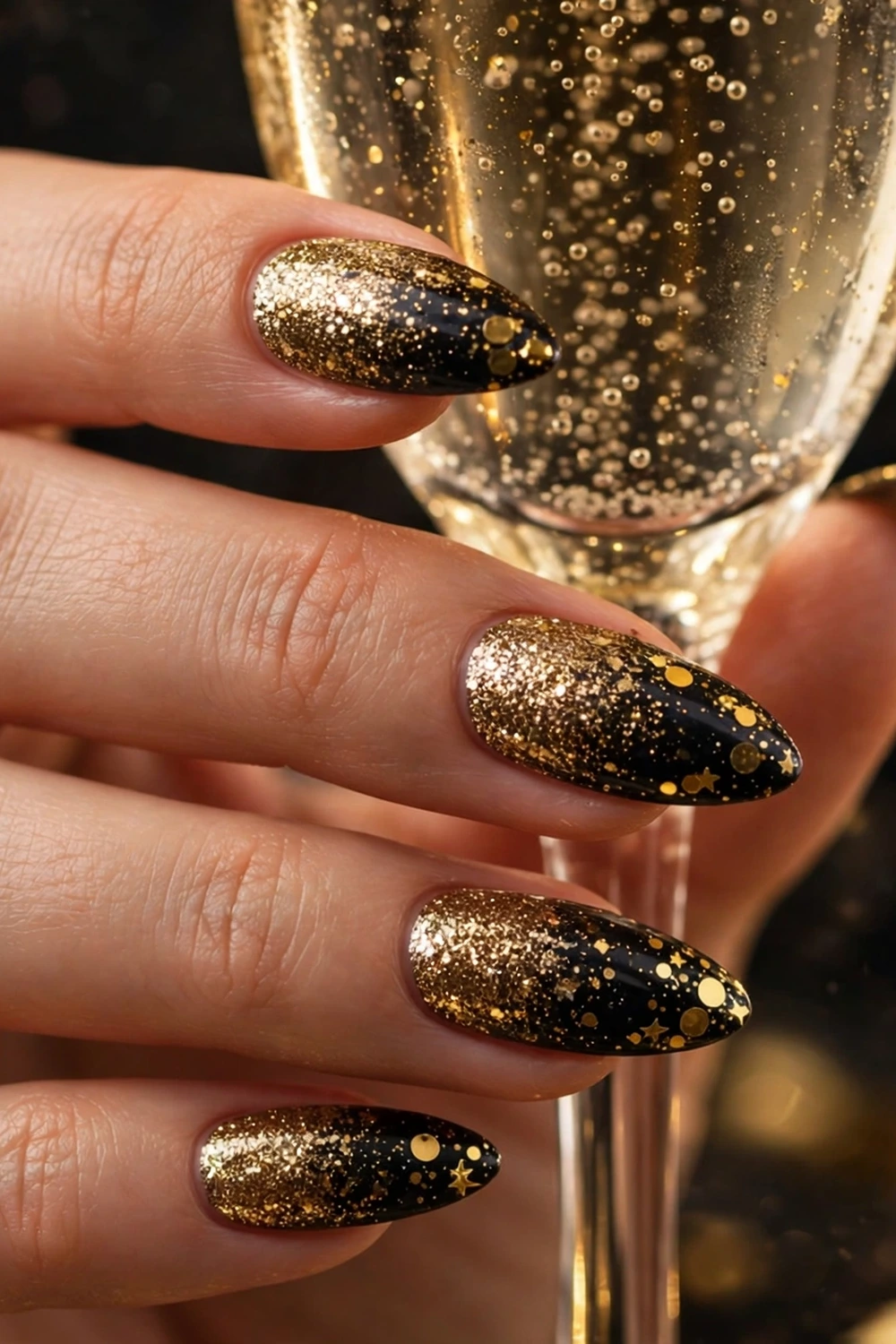 Classic gold glitter new year nail ideas with sparkling gold polish
