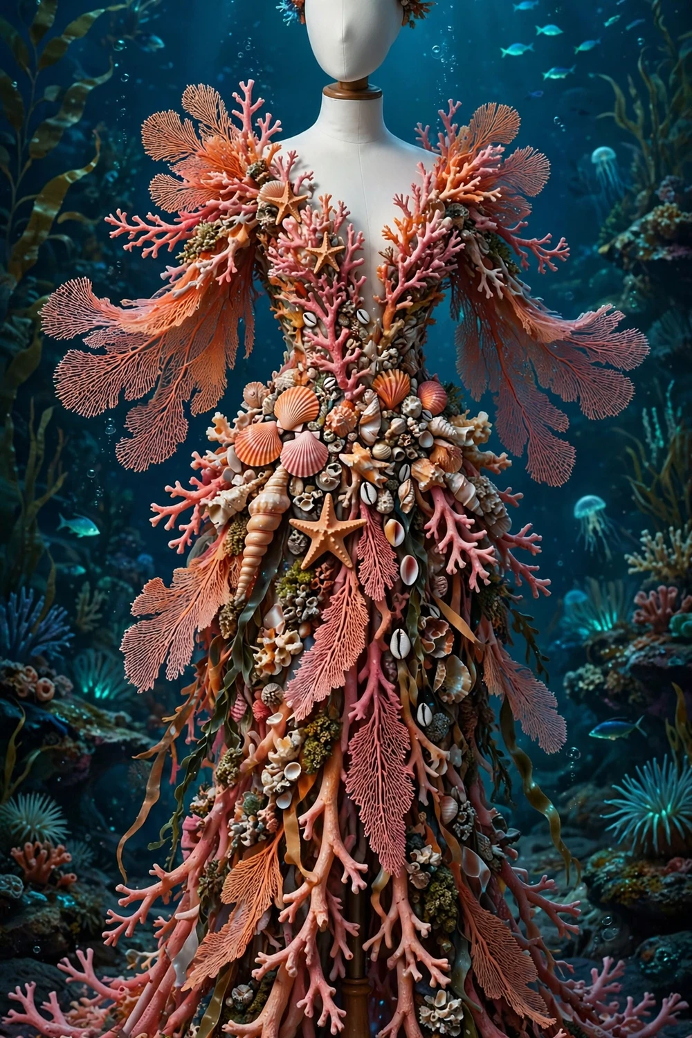 Coral reef queen Halloween costume idea with coral branches and seashells