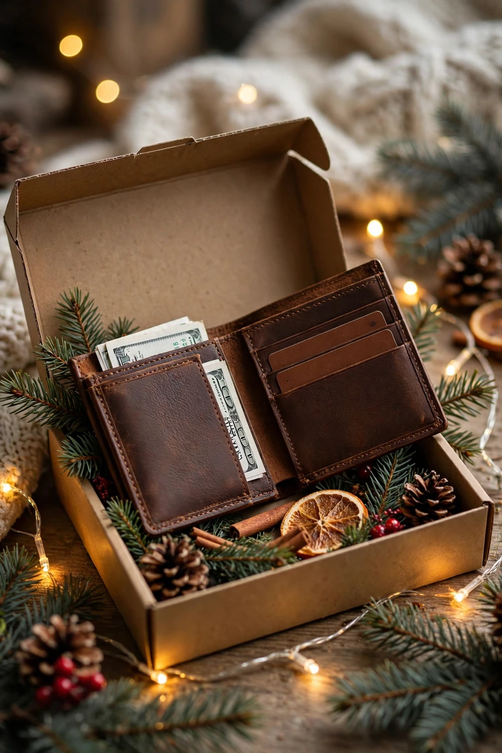 Personalized brown leather wallet Christmas gift for dad in a gift box