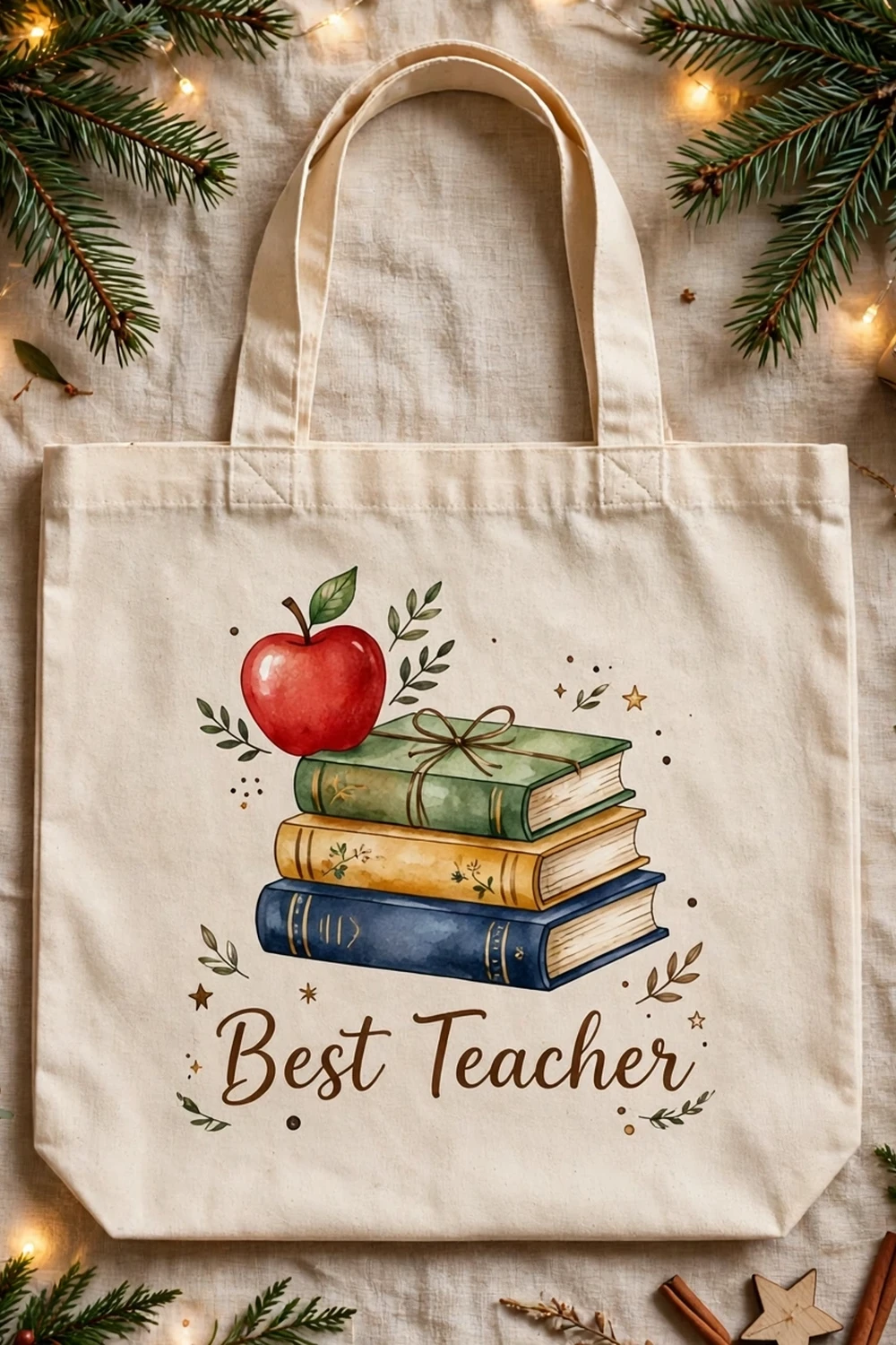 Personalized teacher tote bag with apple and books design, a thoughtful teacher christmas gift