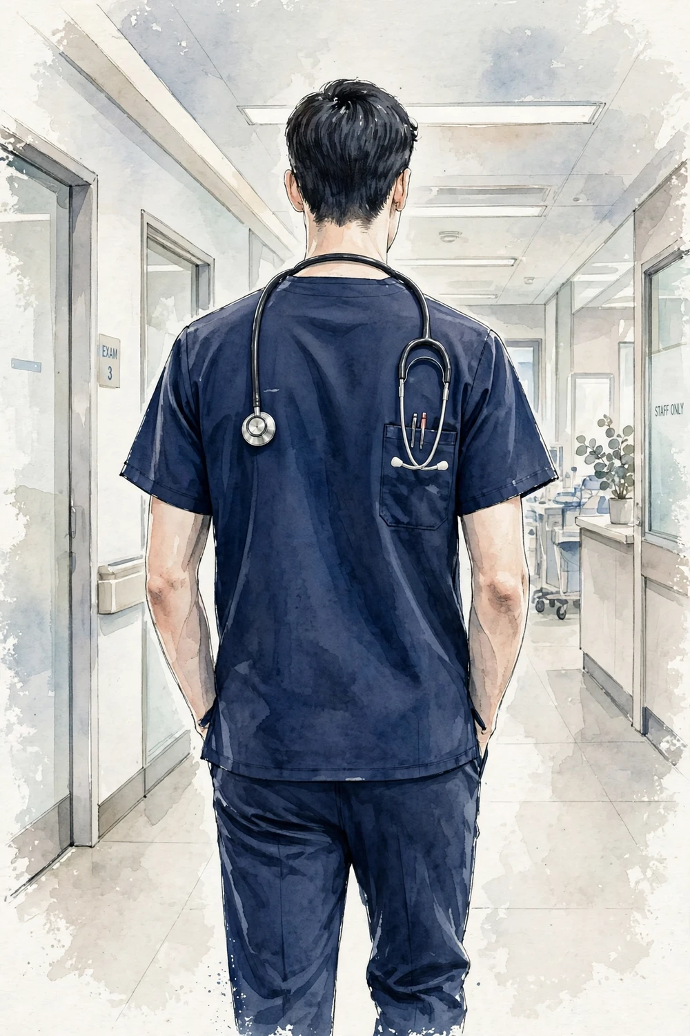 Scrubs-inspired navy medical style illustration with stethoscope