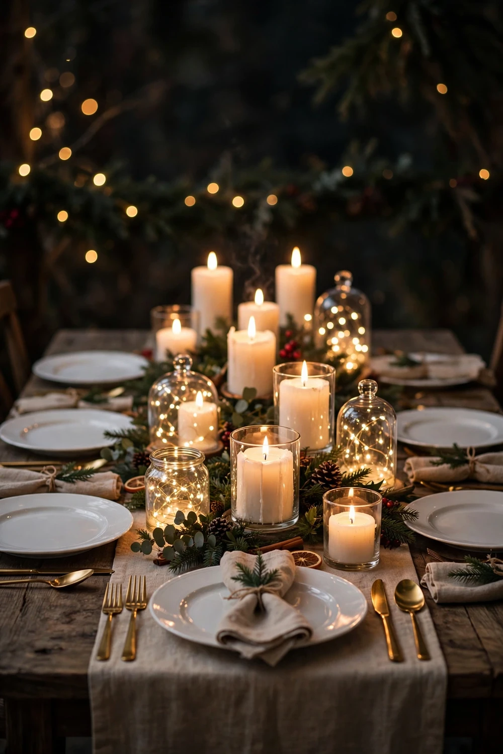 Glowing candlelight Christmas table with pillar candles, fairy lights and gold cutlery