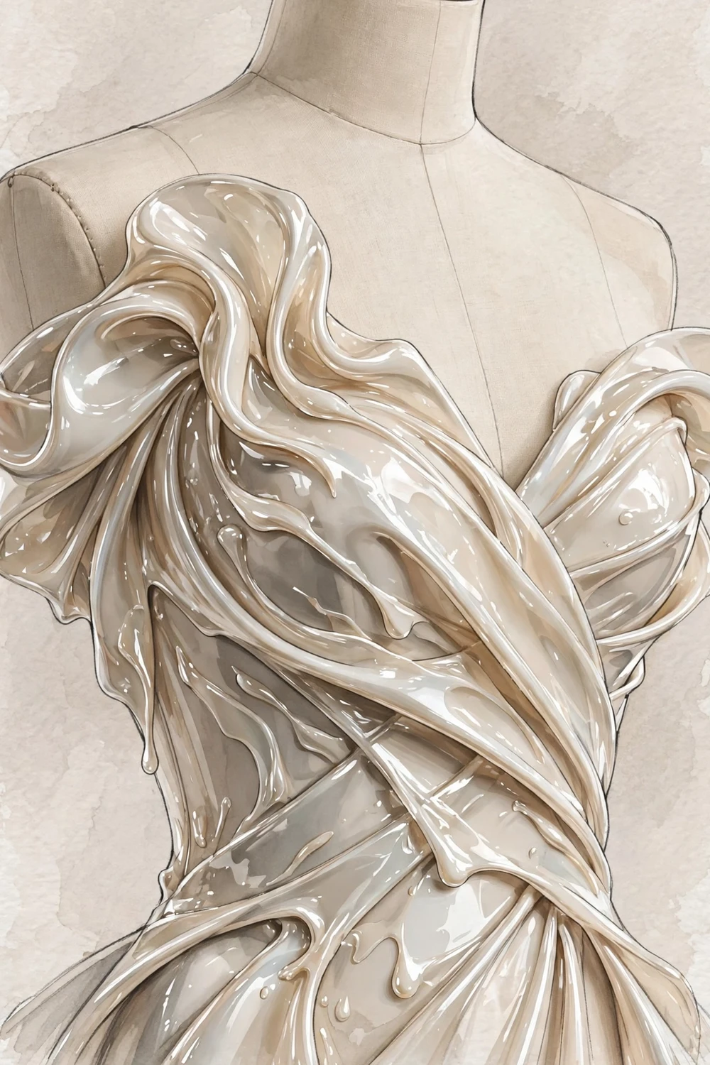 Liquid silicone shine couture gown bodice detail illustration