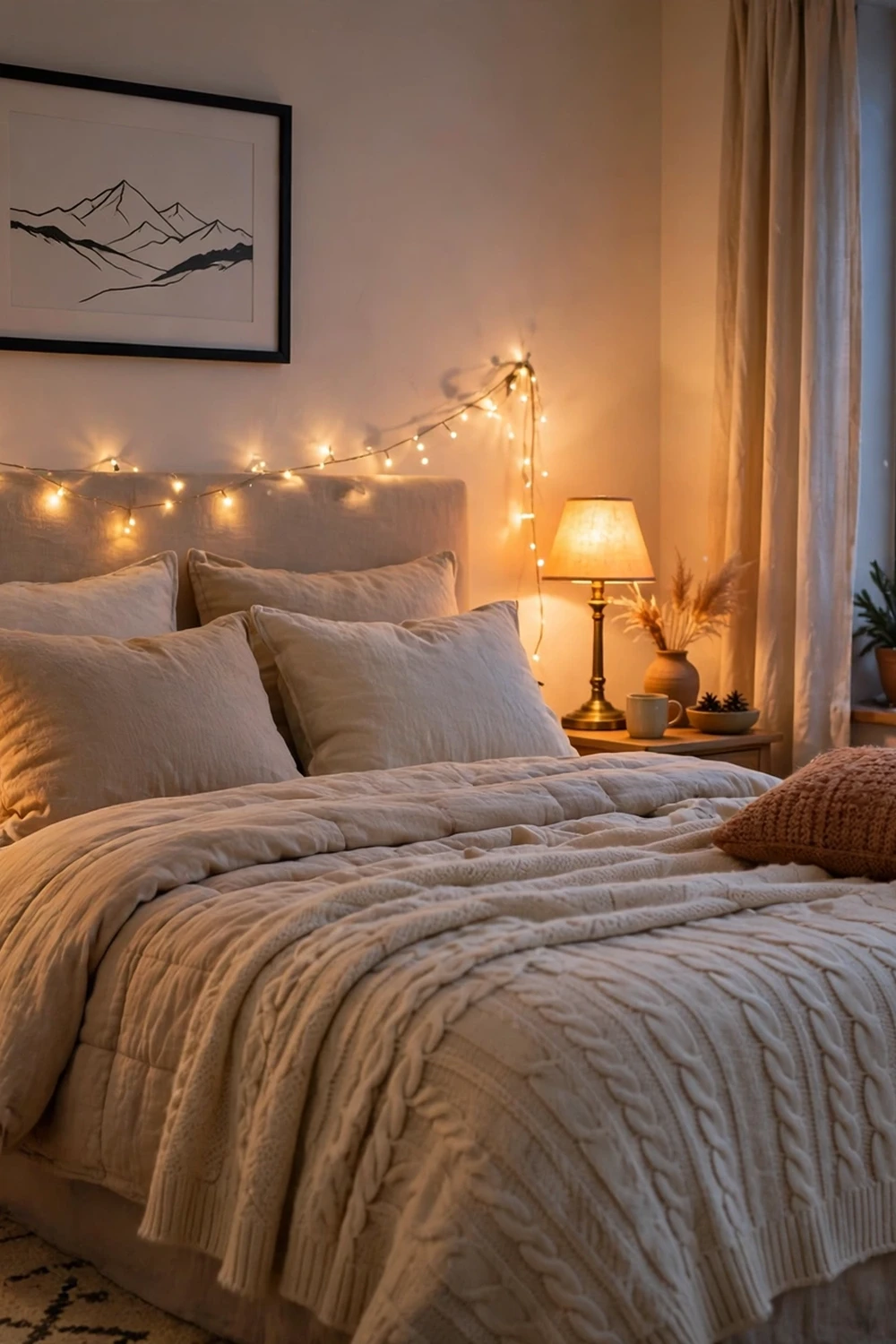 Cozy winter bedroom with warm low lighting and fairy lights