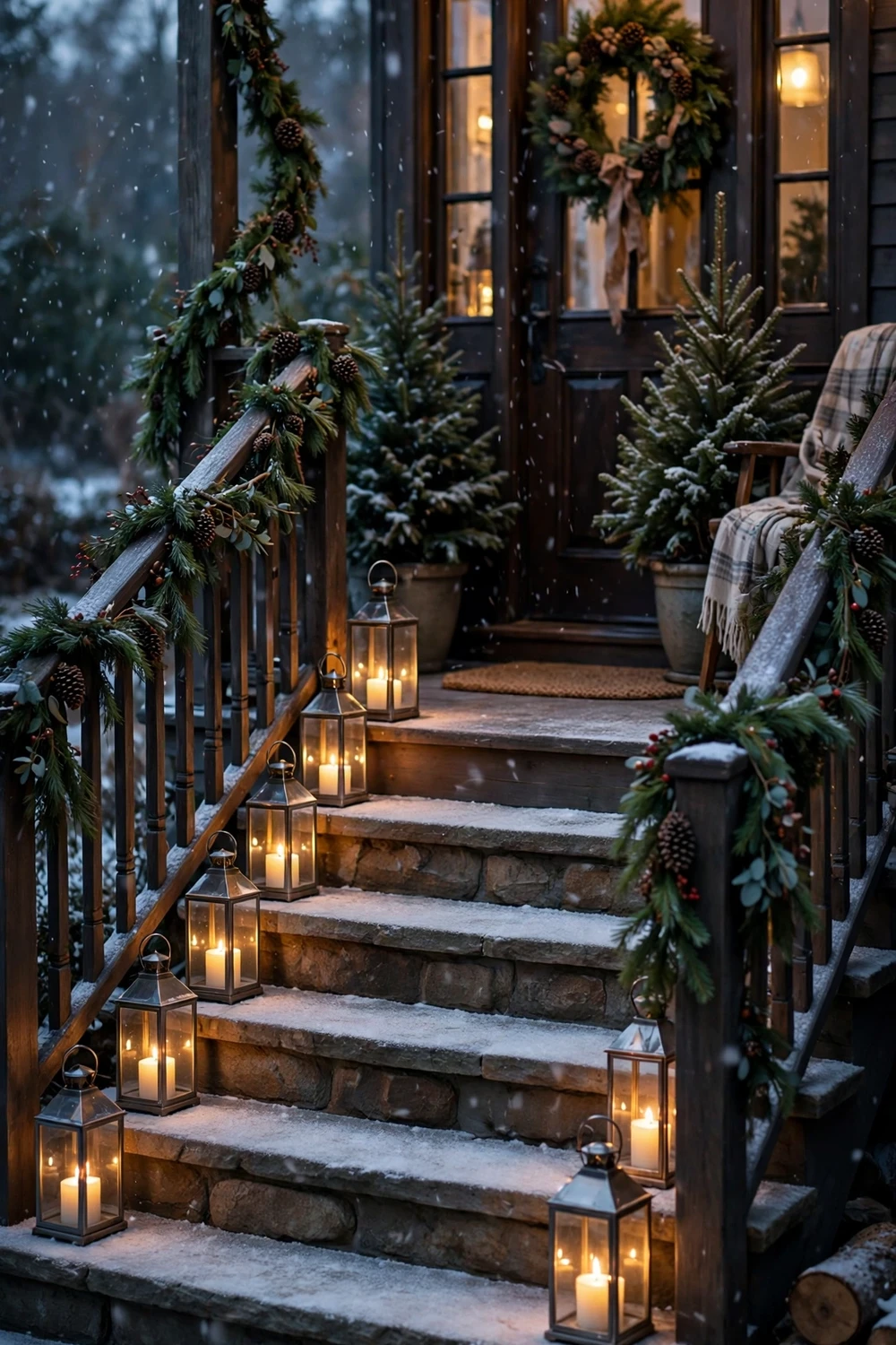Glowing lanterns lining winter front porch steps at dusk