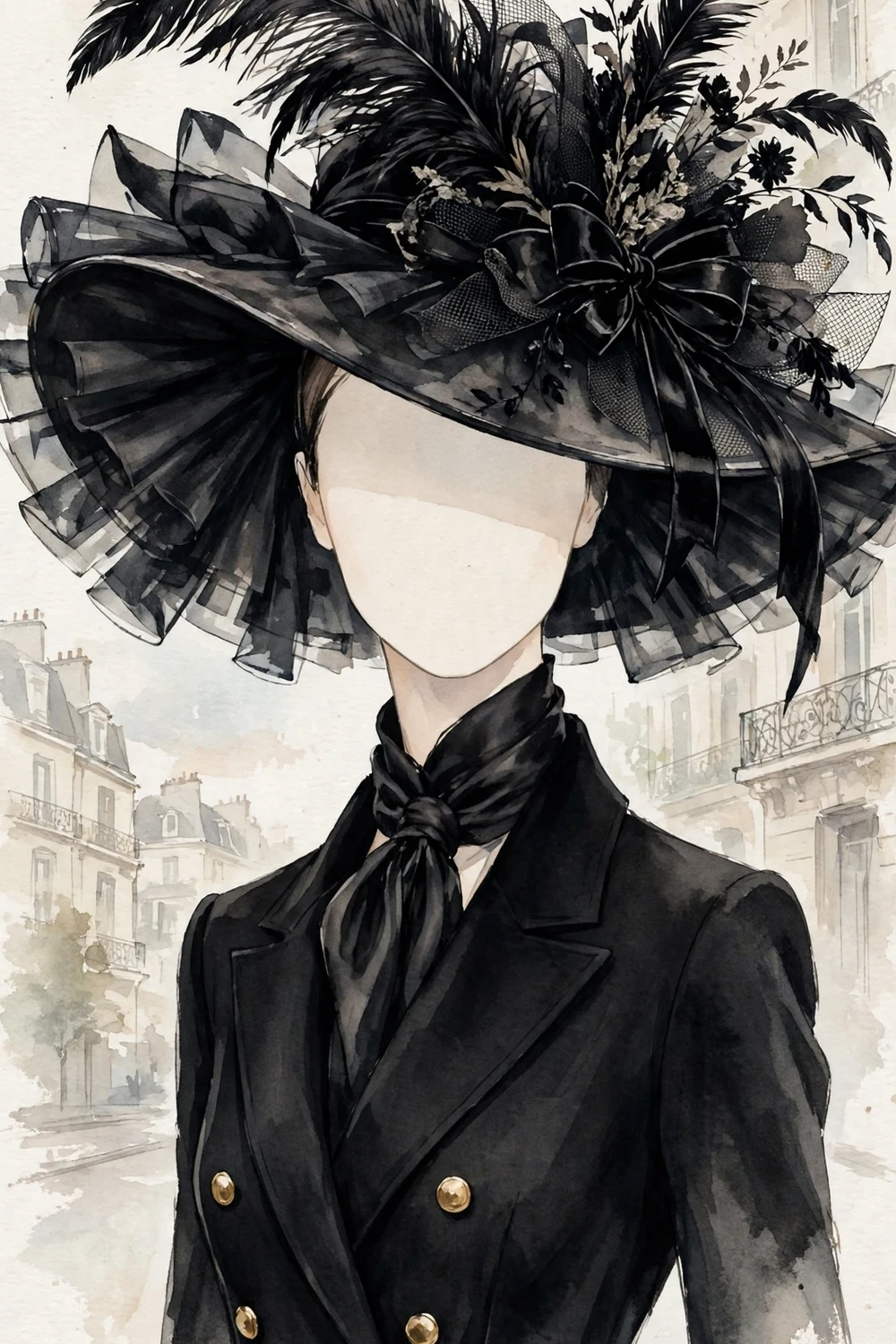 Faceless figure wearing a dramatic wide-brimmed extravagant statement hat
