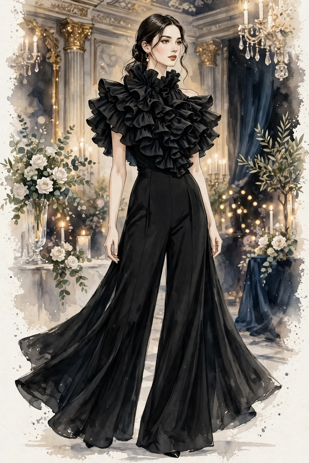 Ruffled bodice wide-leg evening jumpsuit gown illusion look