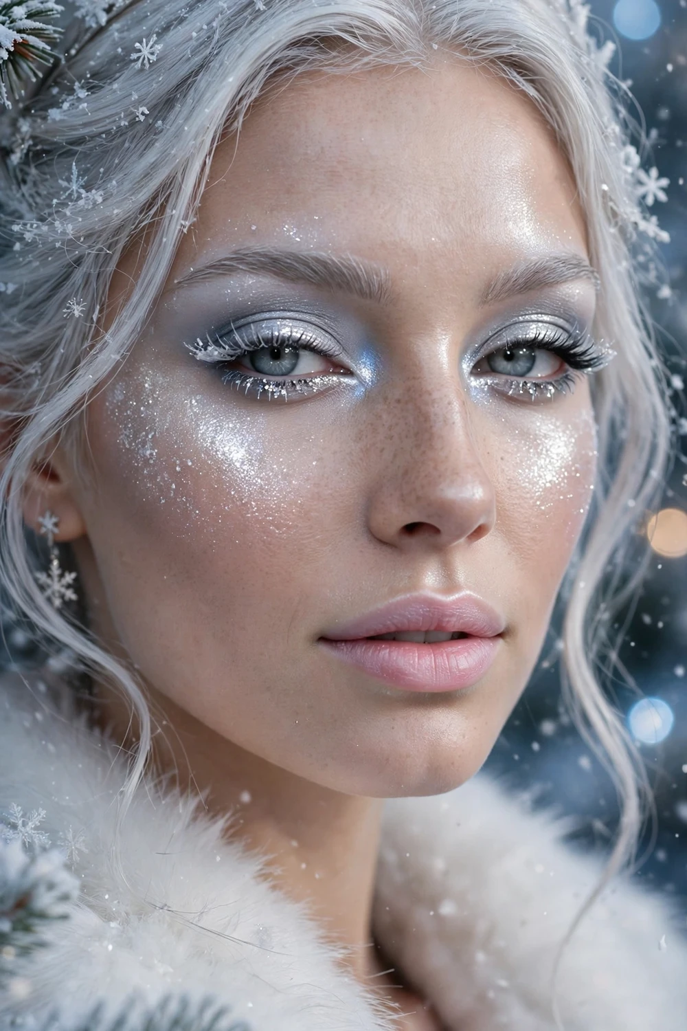 Frosted snow queen Christmas makeup look with icy silver eyeshadow and sparkling highlighter