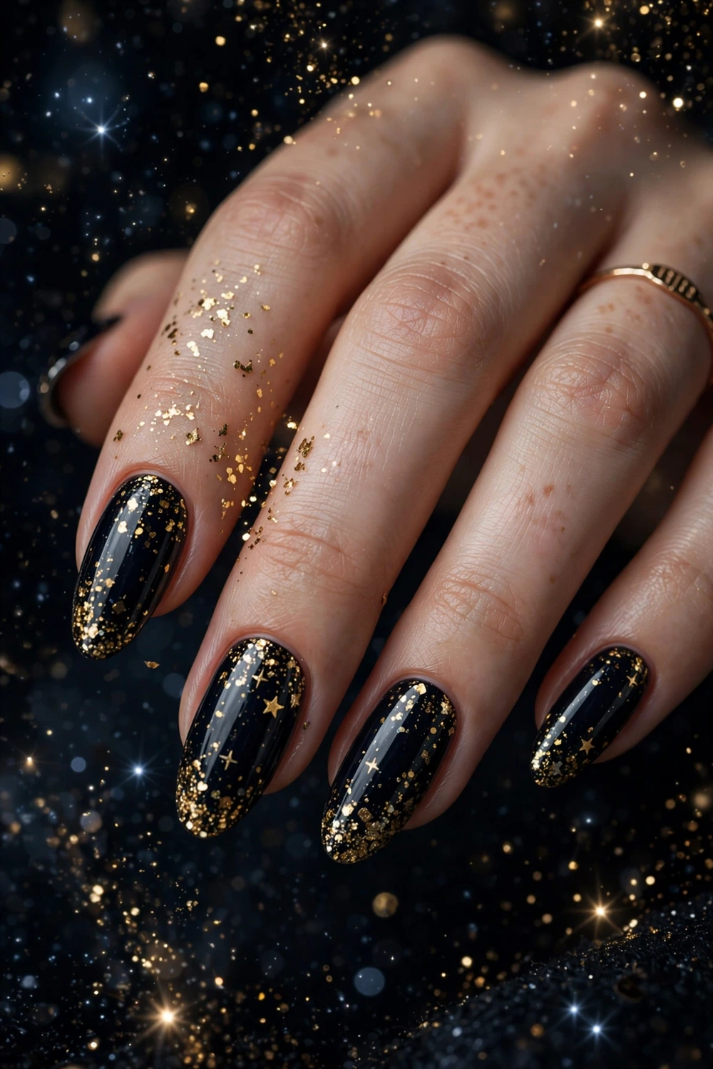 Midnight black and gold confetti new year nail ideas