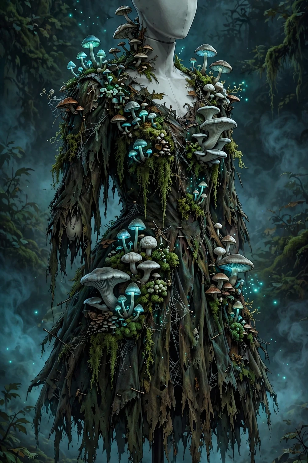 Mushroom zombie Halloween costume idea with glowing mushrooms and moss