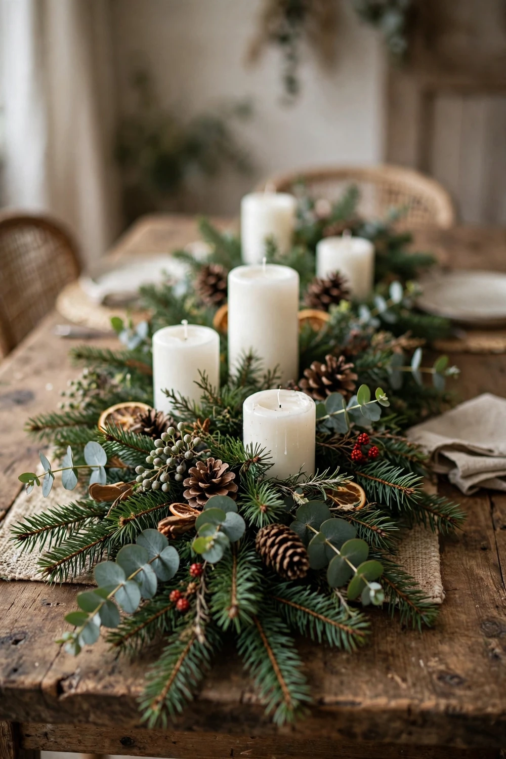 Fresh evergreen garland table runner with pine branches, eucalyptus and pinecones on a Christmas table
