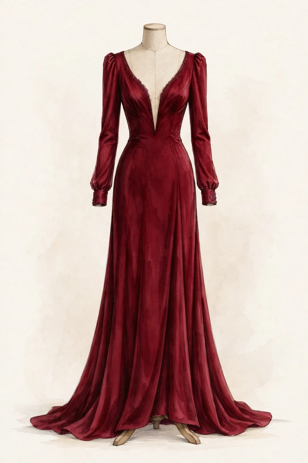 Elegant evening gown with plunging neckline on a faceless dress form