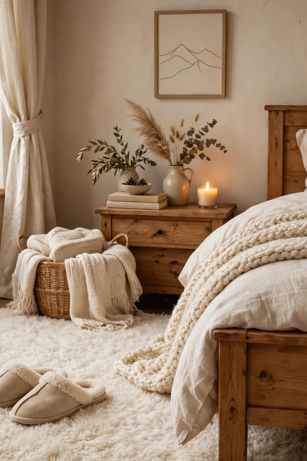 Cozy winter bedroom with plush cream rug beside the bed
