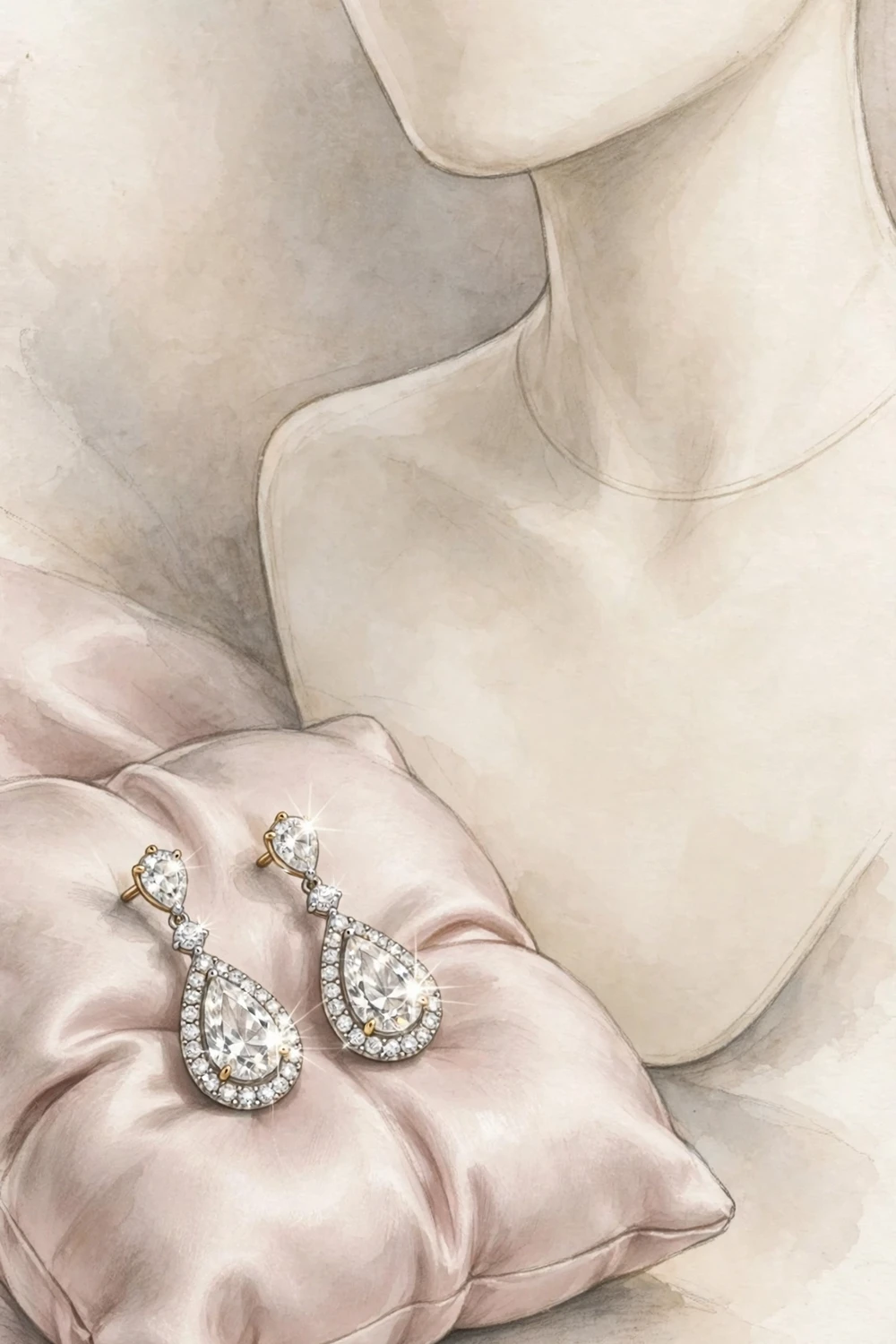 Sparkling diamond drop earrings on a silk jewellery cushion beside a faceless mannequin