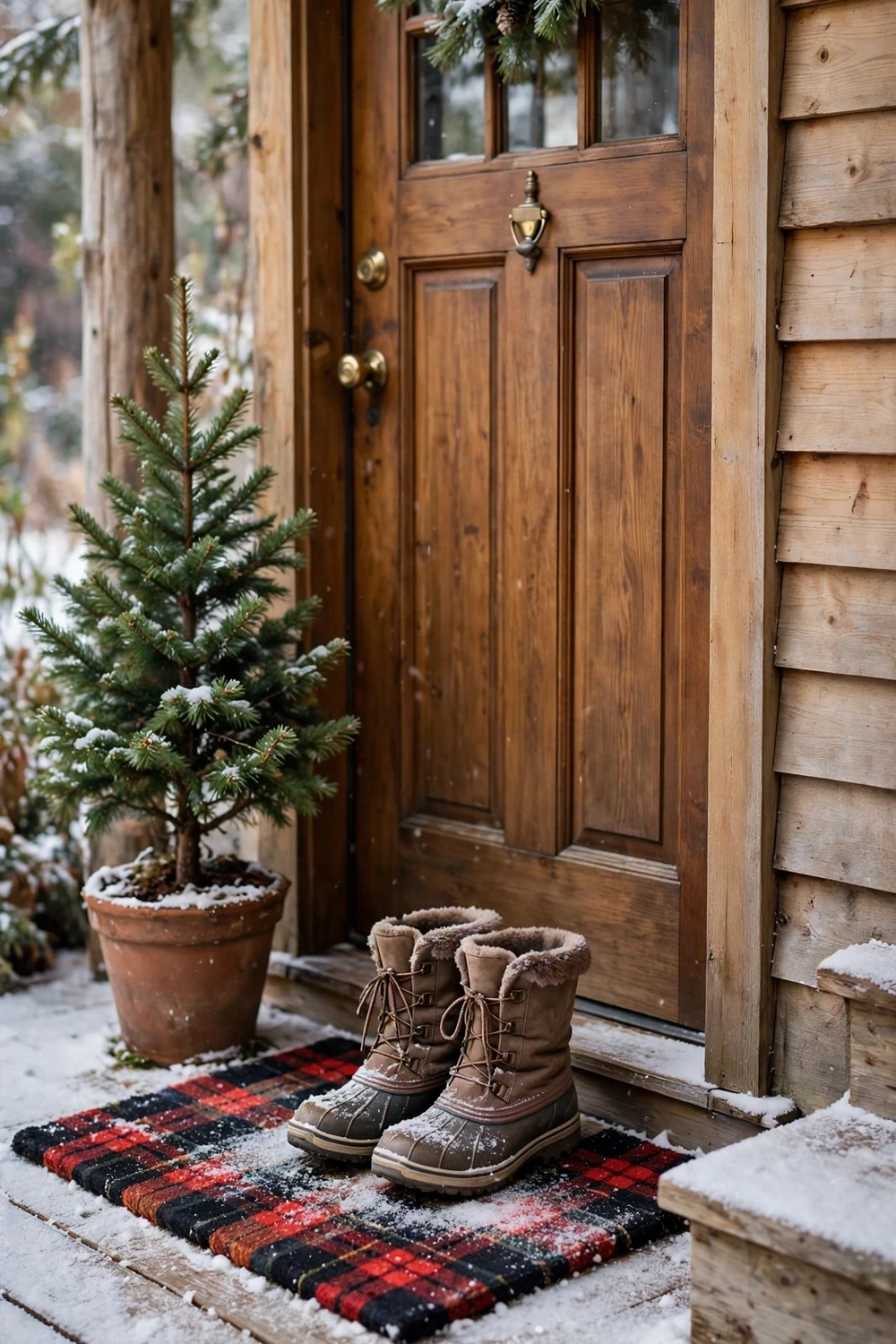 Festive plaid doormat on a winter front porch