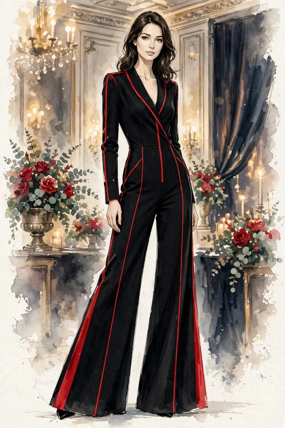 Black evening jumpsuit with red piping gown illusion styling