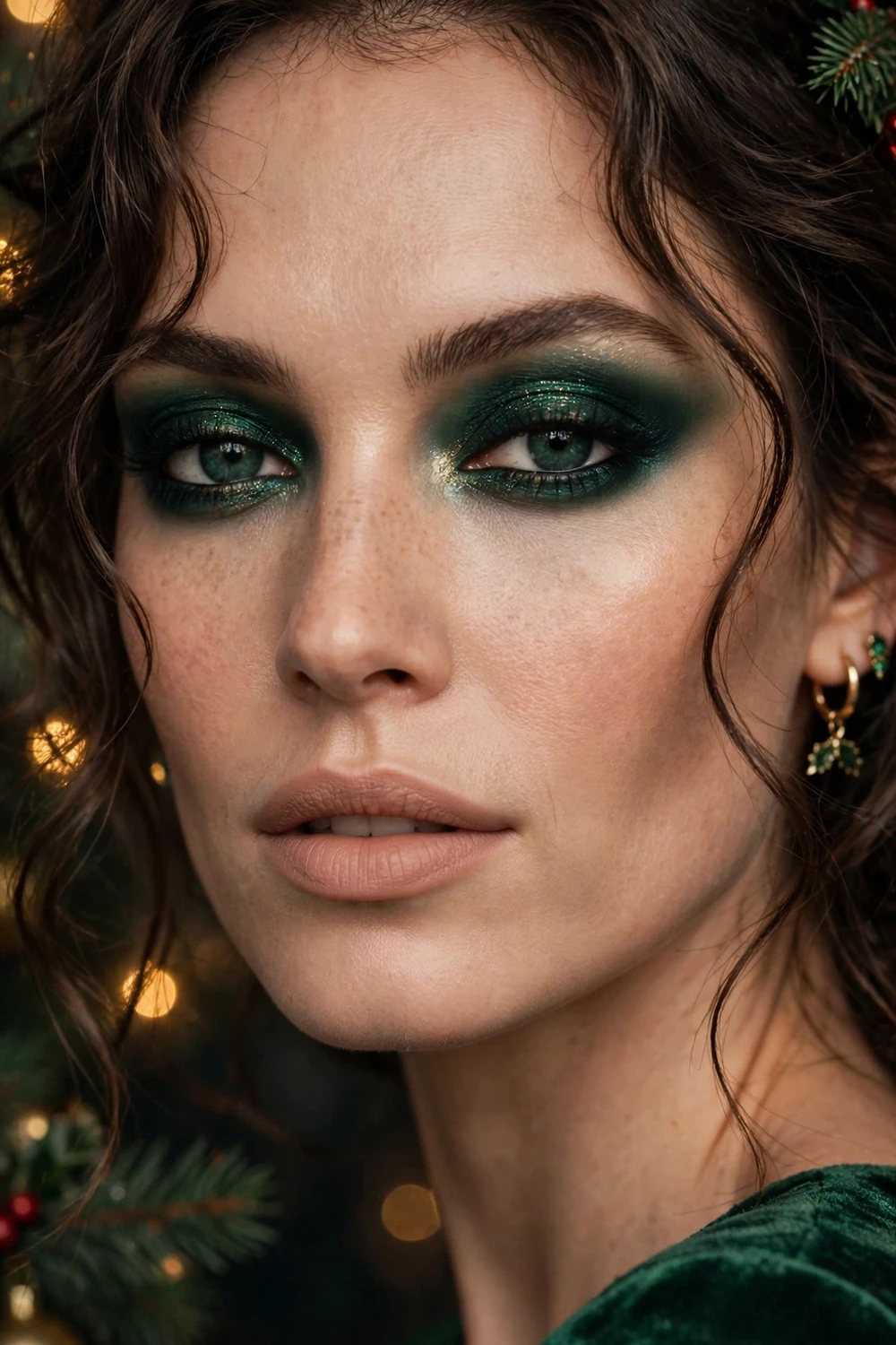 Emerald green velvet smoky eye Christmas makeup look with deep green eyeshadow and nude lips