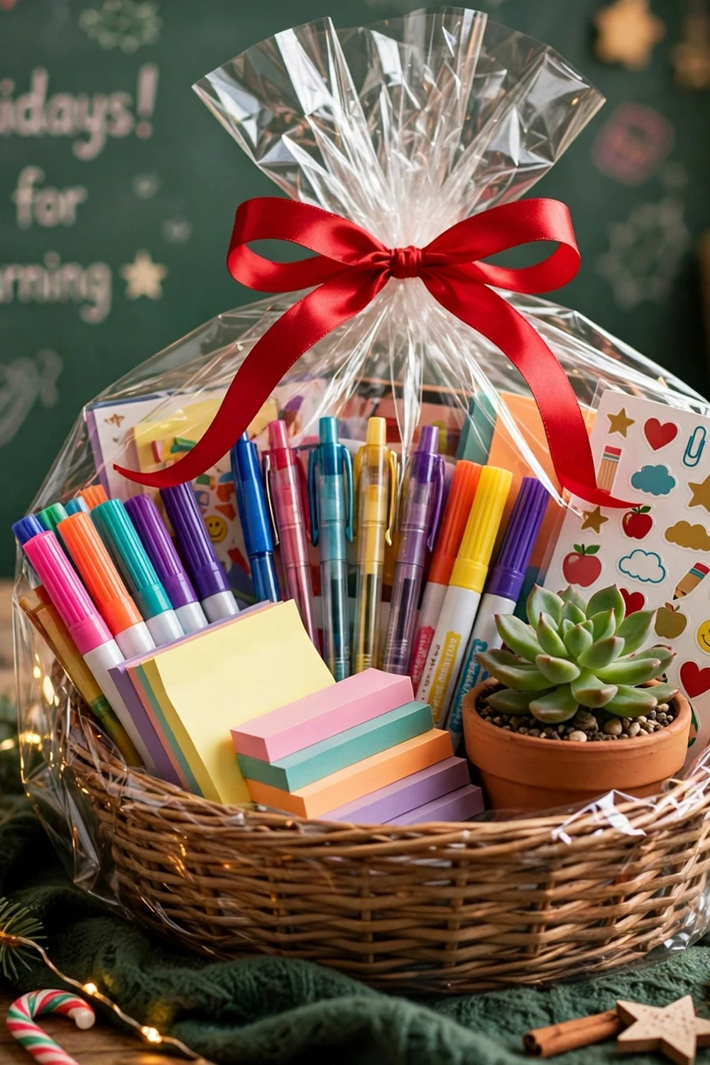 Classroom supply gift basket with pens, markers and sticky notes, a useful teacher christmas gift