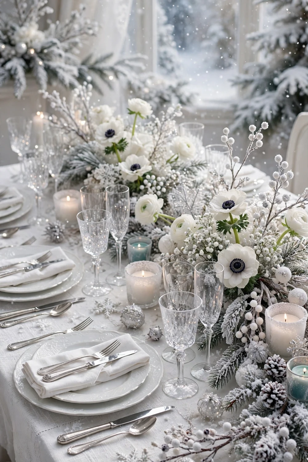 Elegant white winter wonderland Christmas table with white flowers, silver cutlery and frosted branches