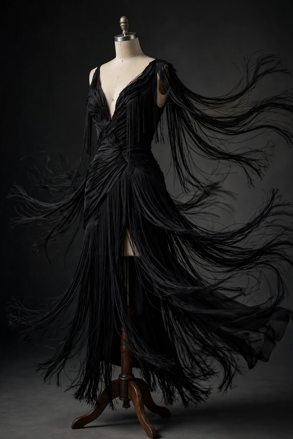 Dramatic evening gown with flowing fringe details illustration