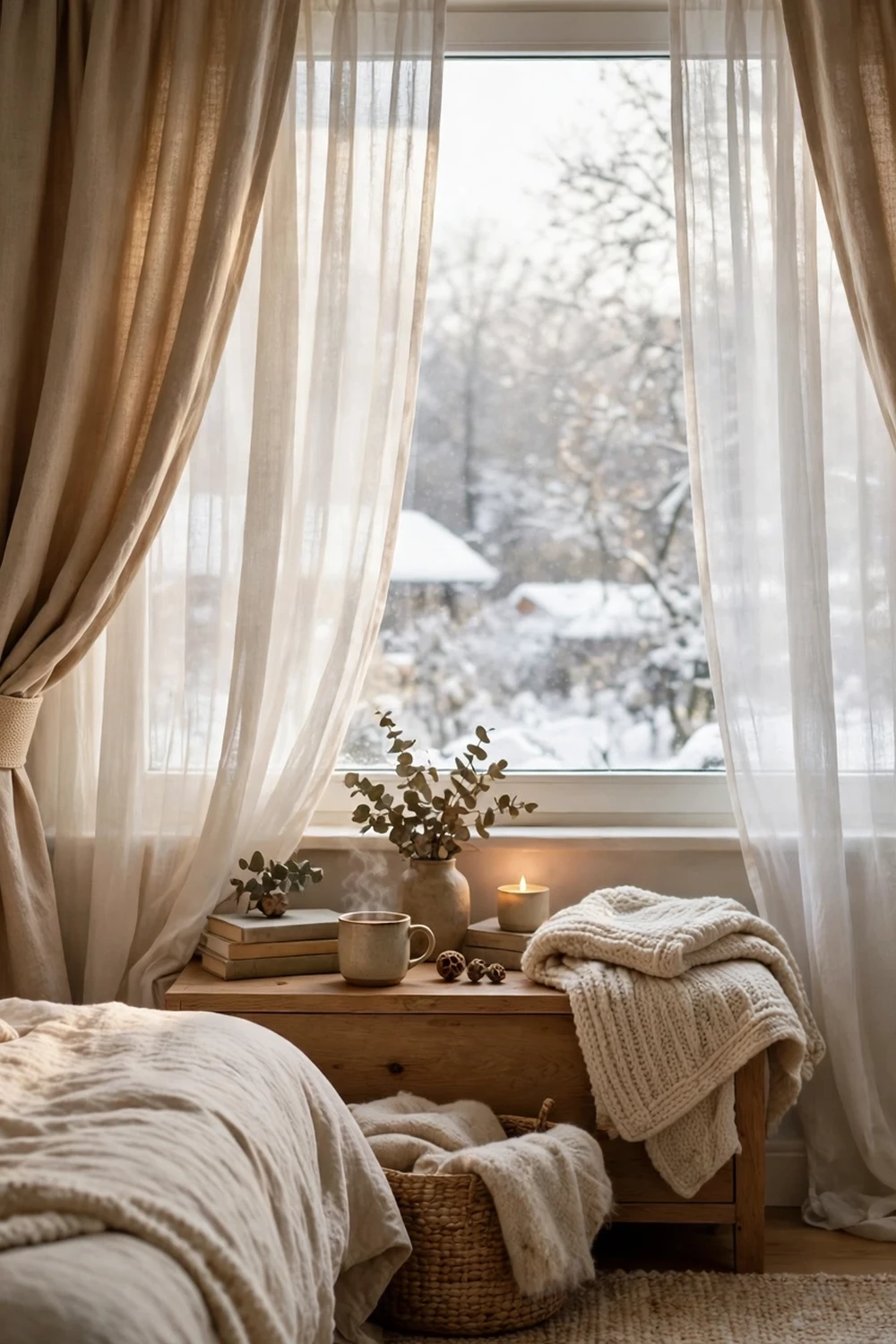 Cozy winter bedroom window with heavy winter curtains