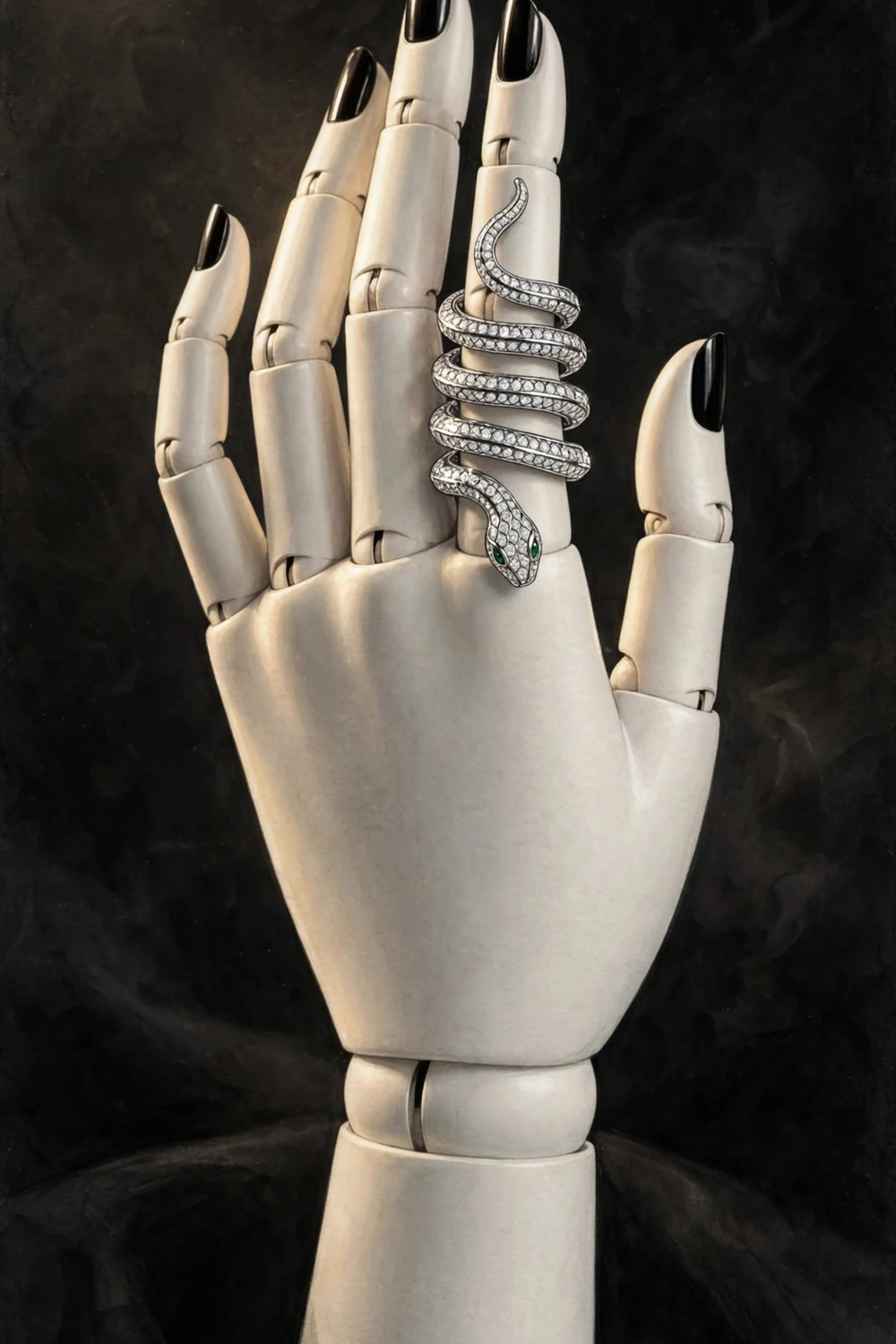 Faceless mannequin hand wearing a coiled serpent-style diamond ring