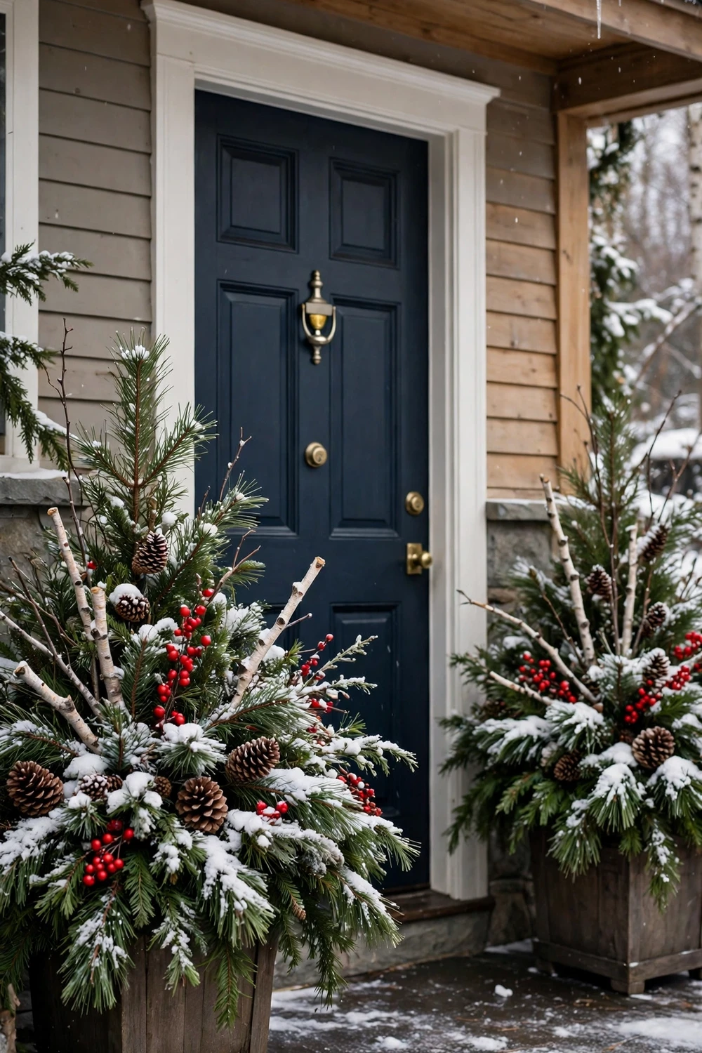 Winter front porch planters with pine branches, berries and birch twigs