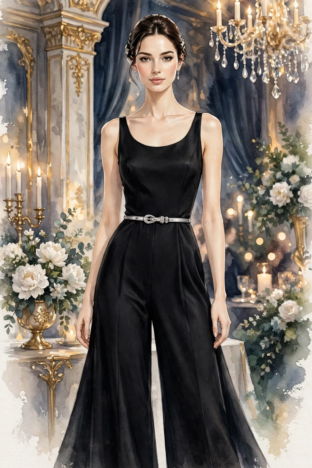 Silver belt styling for black wide-leg evening jumpsuit