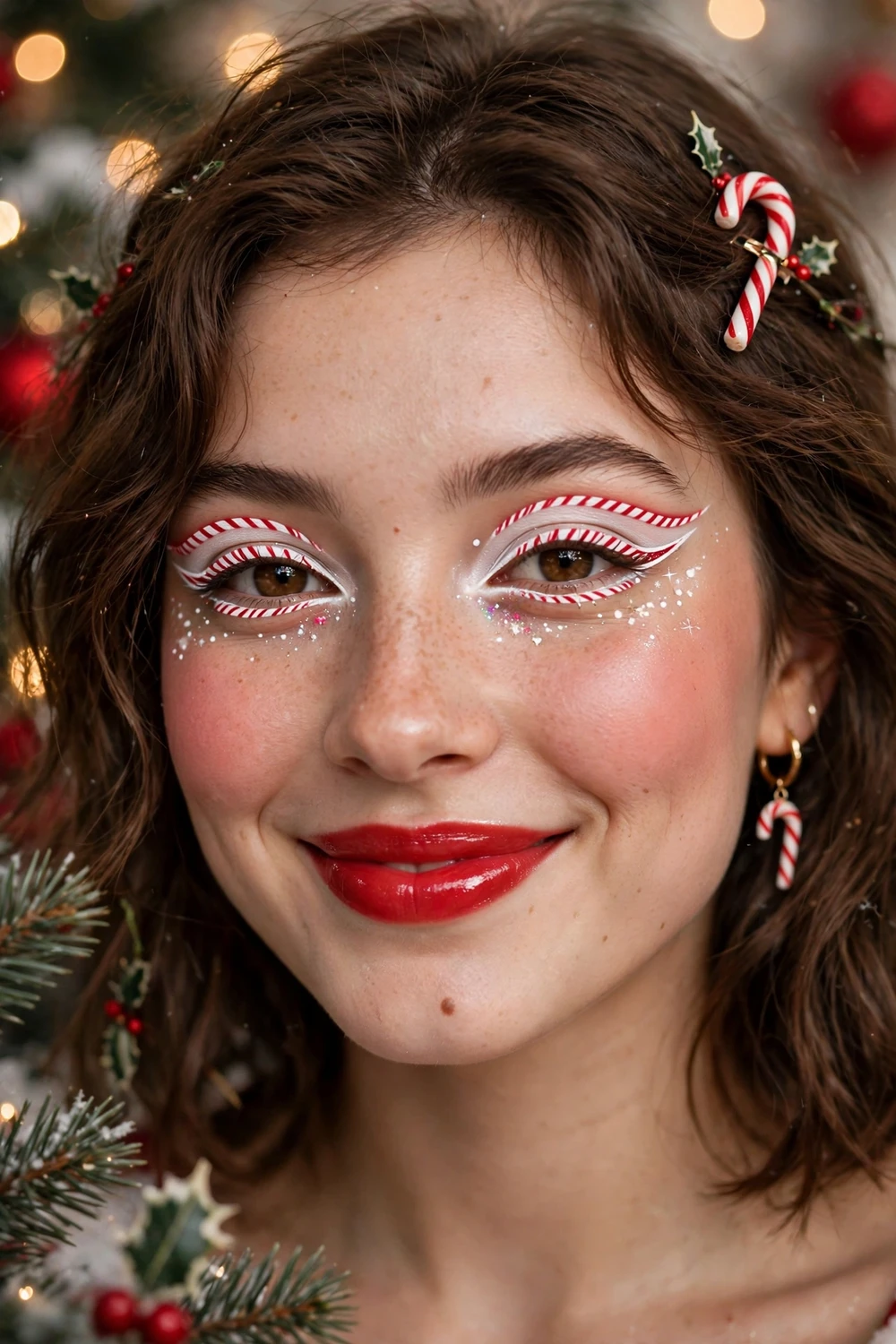Candy cane Christmas makeup look with bright red lipstick and white eyeliner accents