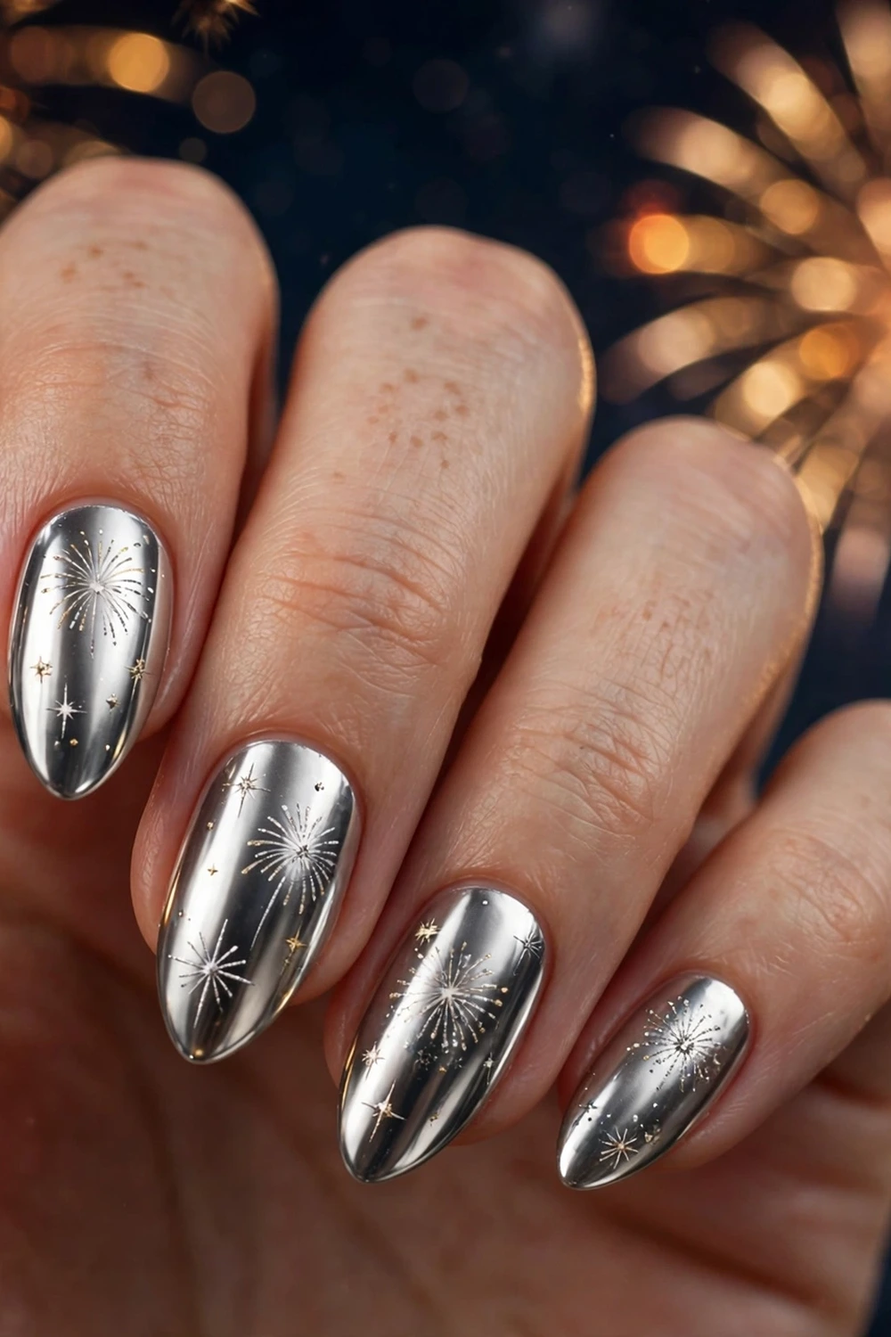Silver chrome fireworks new year nail ideas