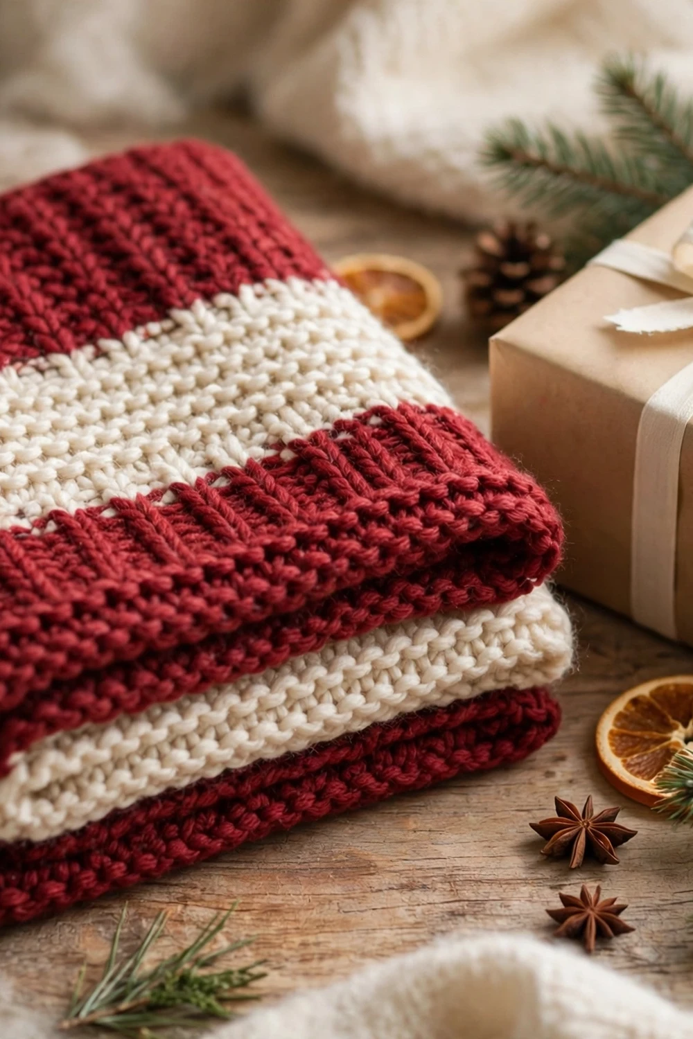 Cozy knit scarf in red and cream, a warm teacher christmas gift