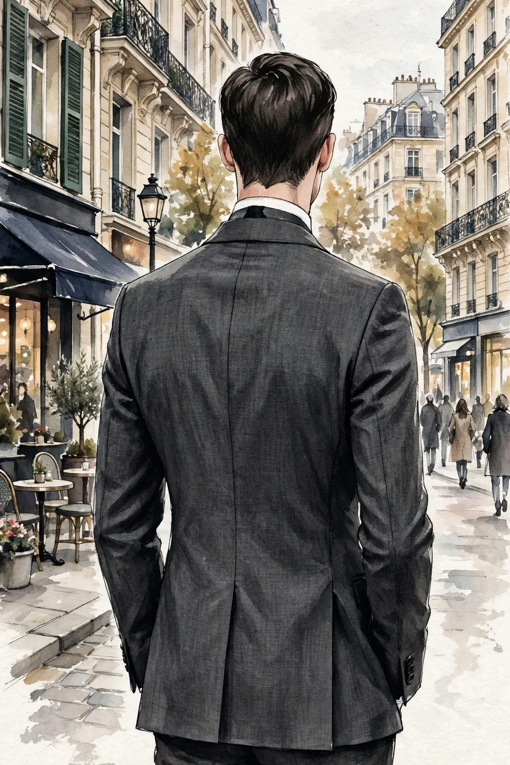 Timeless charcoal grey suit menswear look on a city street