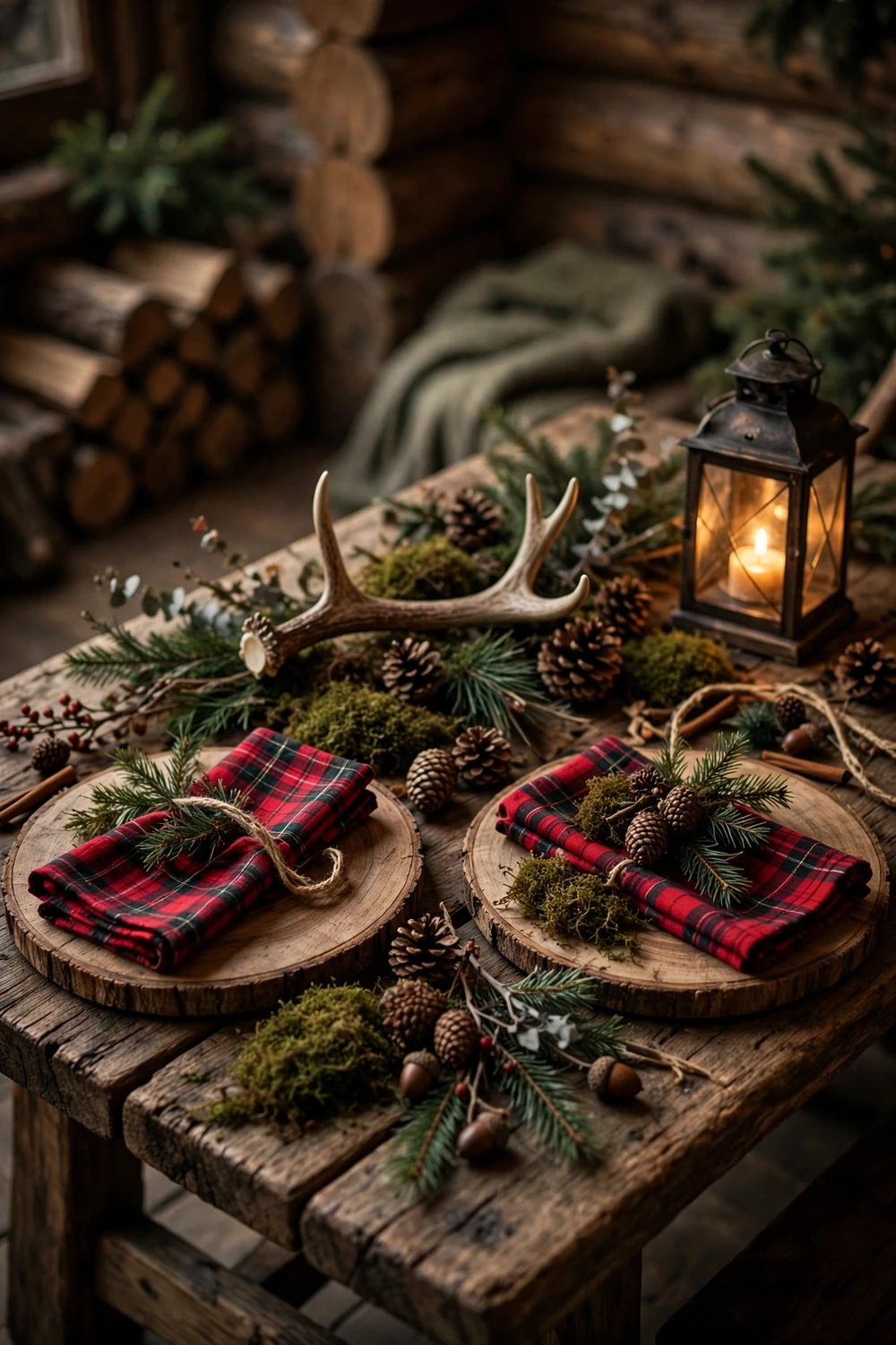 Rustic woodland Christmas table with wooden chargers, pinecones, moss and plaid napkins