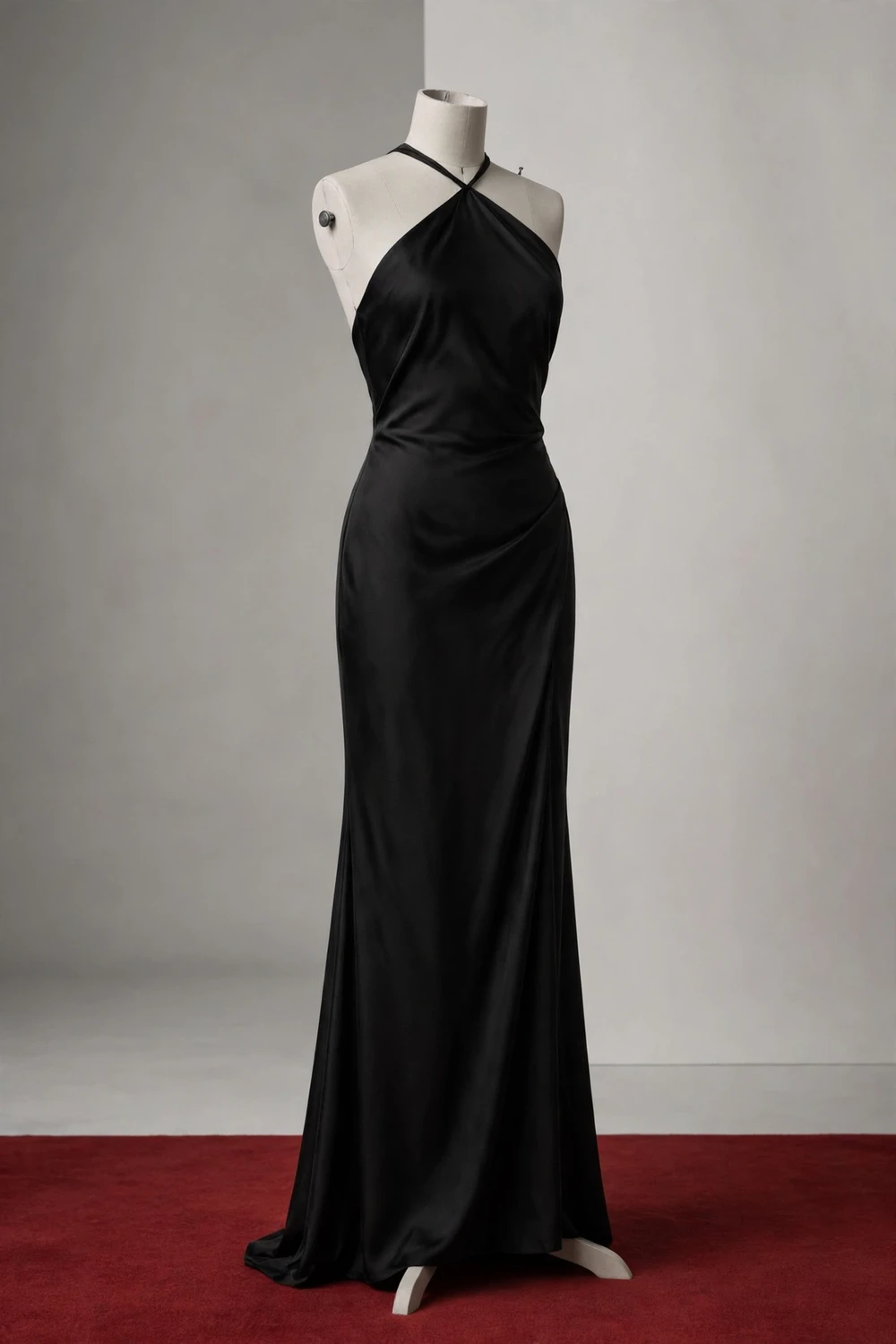 Monochrome black evening gown on a faceless dress form