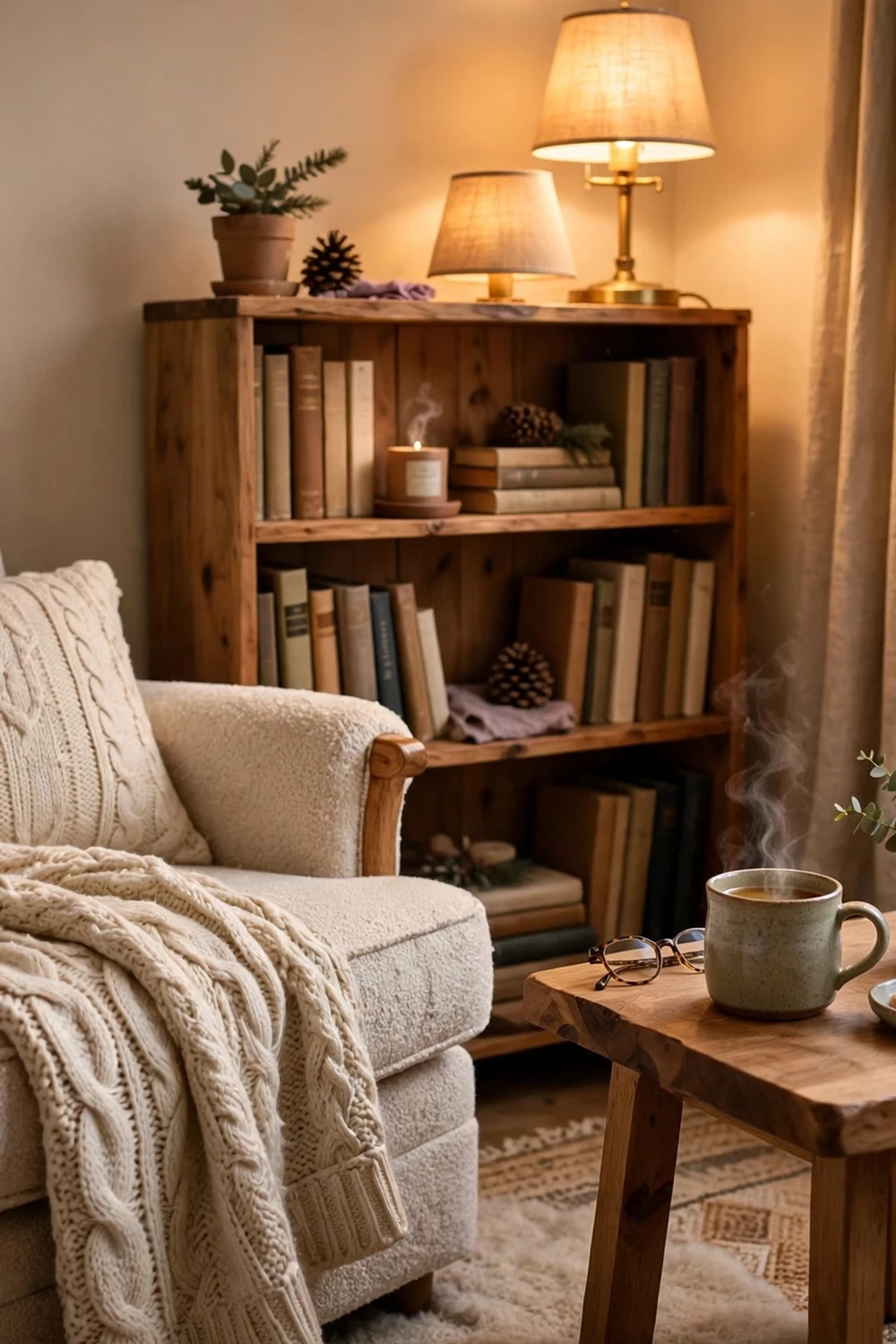 Cozy winter bedroom reading nook with armchair and lamp