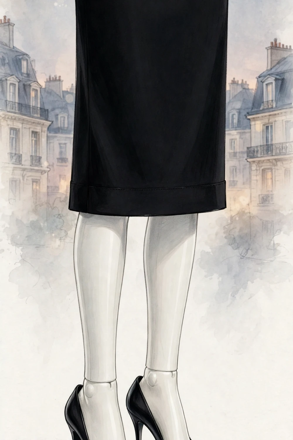 Classic black pointed-toe pumps on a faceless mannequin with a tailored skirt