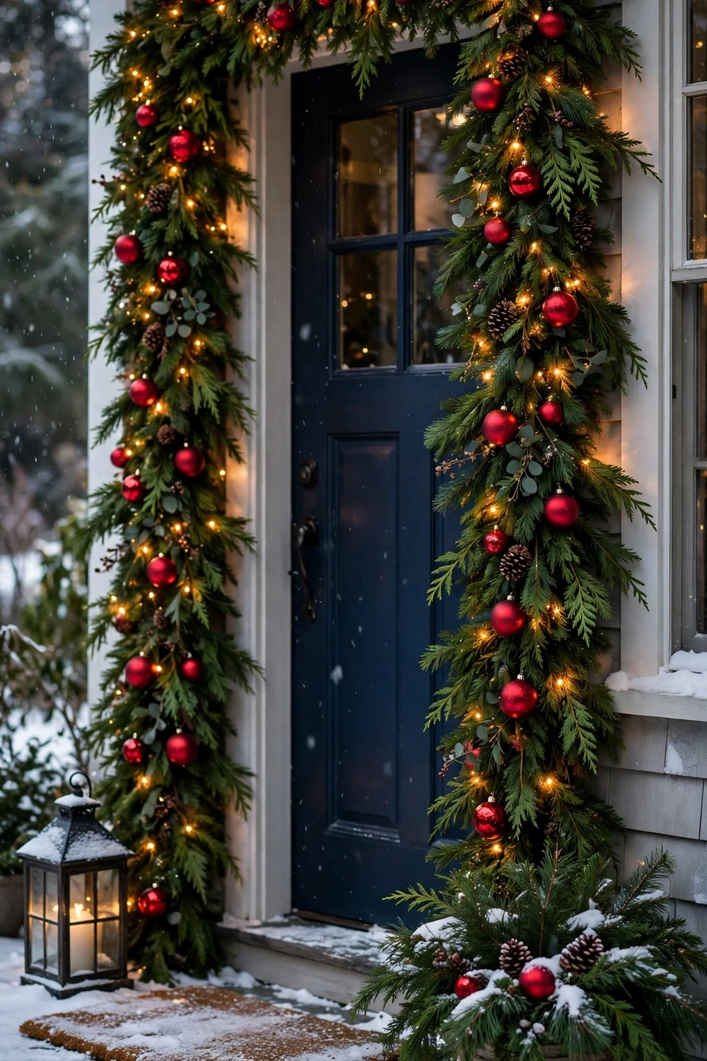 Evergreen garland with fairy lights framing a winter front door