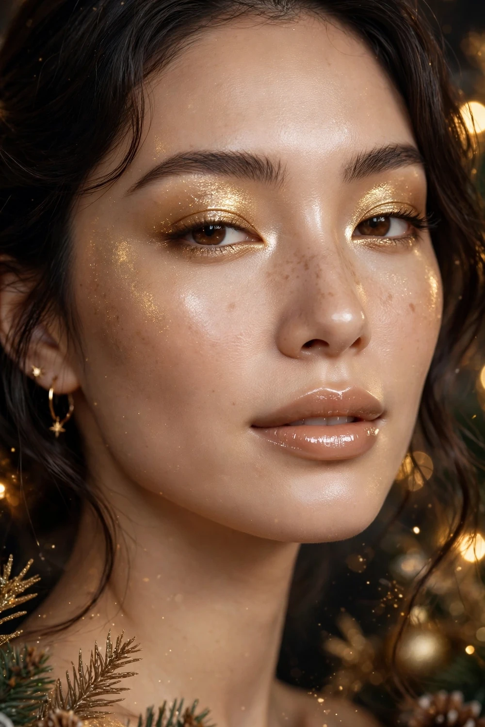 Champagne gold shimmer Christmas makeup look with glowing golden eyeshadow and nude lips