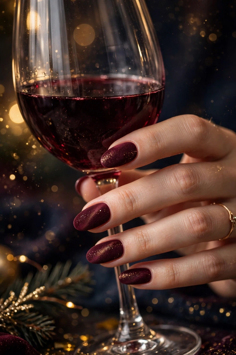 Deep burgundy wine velvet new year nail ideas