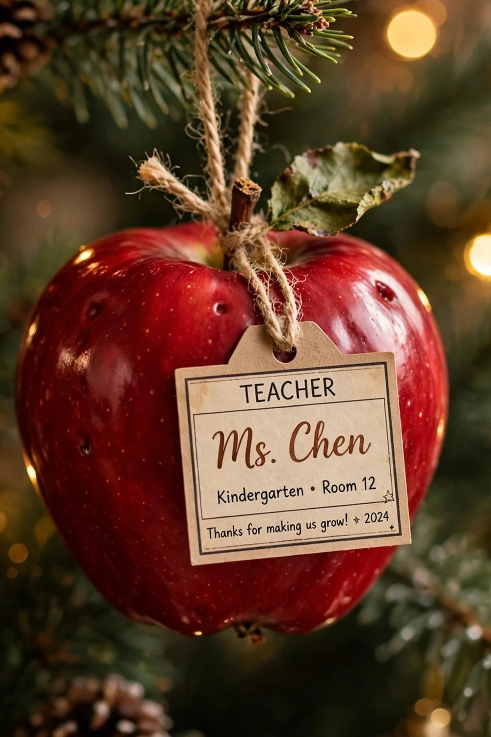 Personalized apple Christmas ornament for a teacher, a keepsake teacher christmas gift