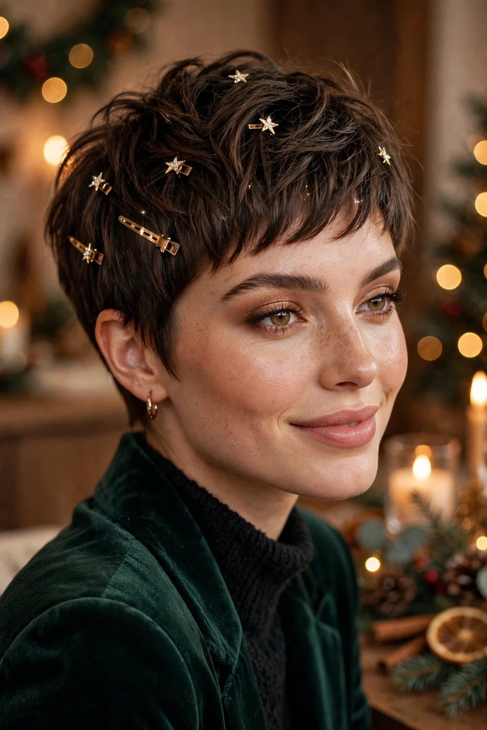 Short hair party pixie Christmas hairstyle with sparkle clips