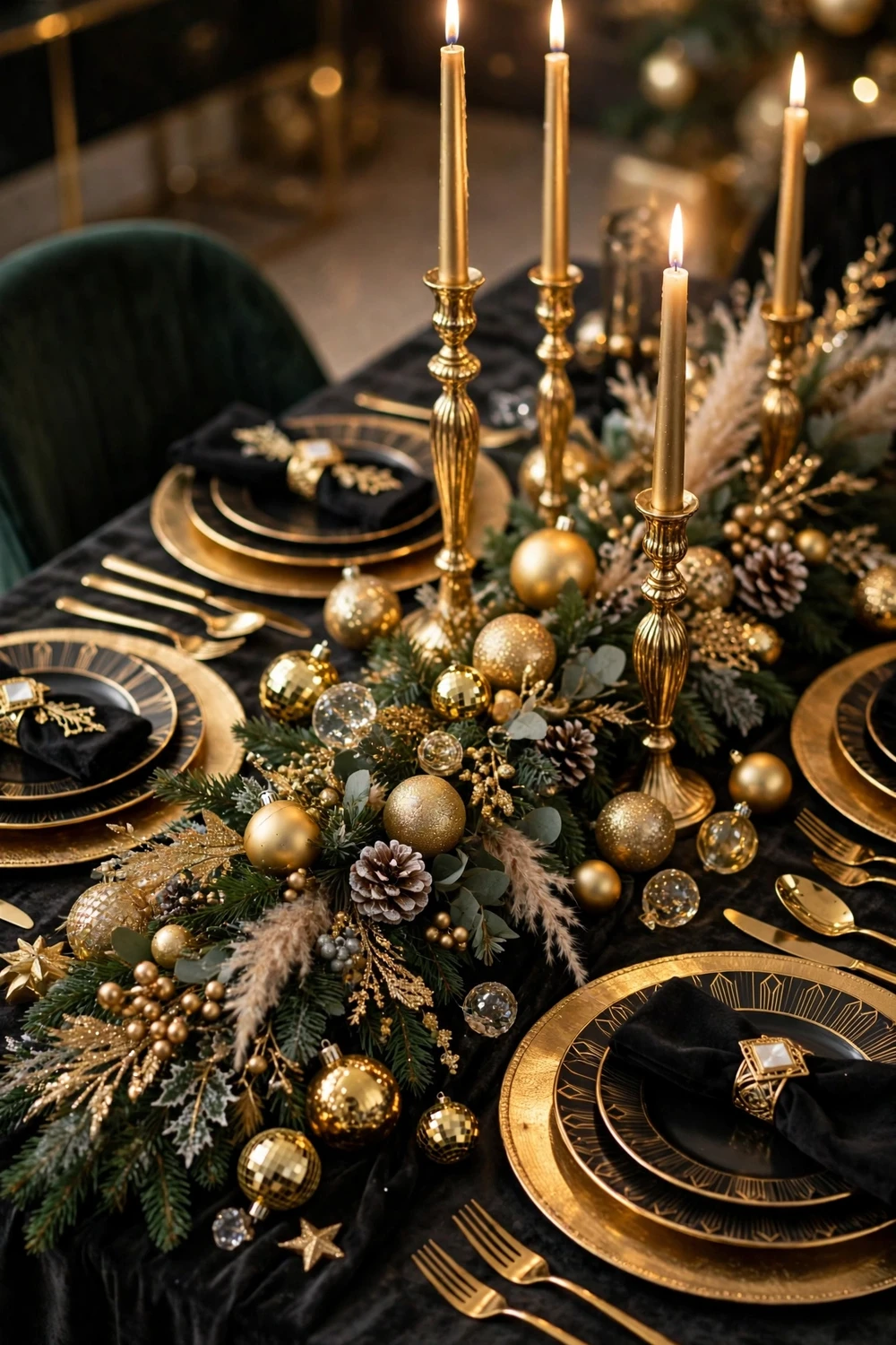 Luxurious gold glamour Christmas table with gold chargers, gold cutlery and sparkling ornaments