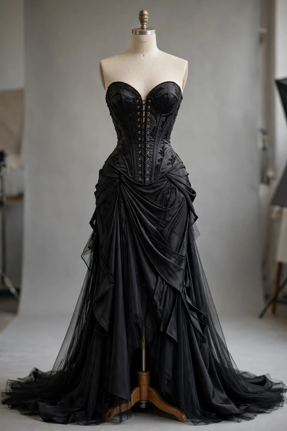 Structured corset bodice evening gown on a faceless dress form