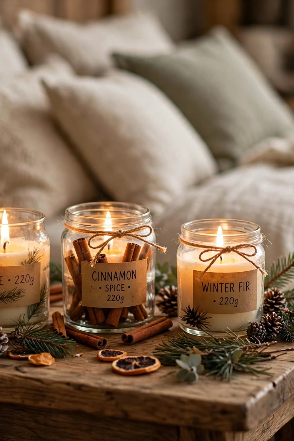Cozy winter bedroom bedside with scented candles