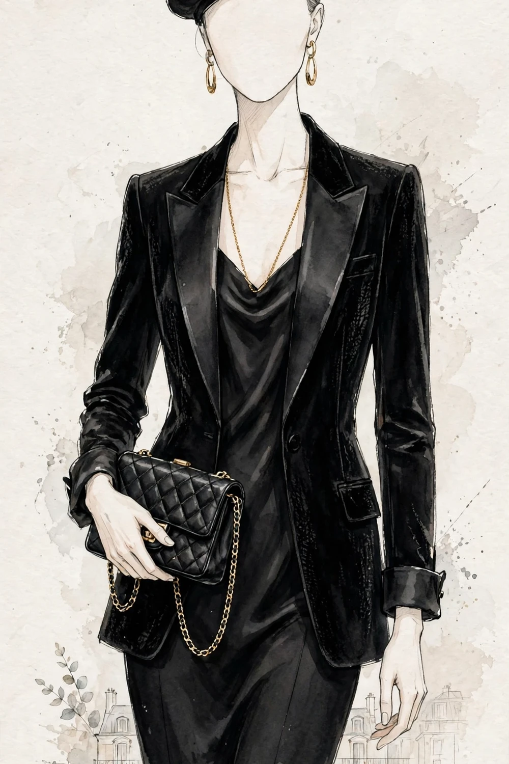 Faceless figure holding a small quilted black clutch bag with chain strap